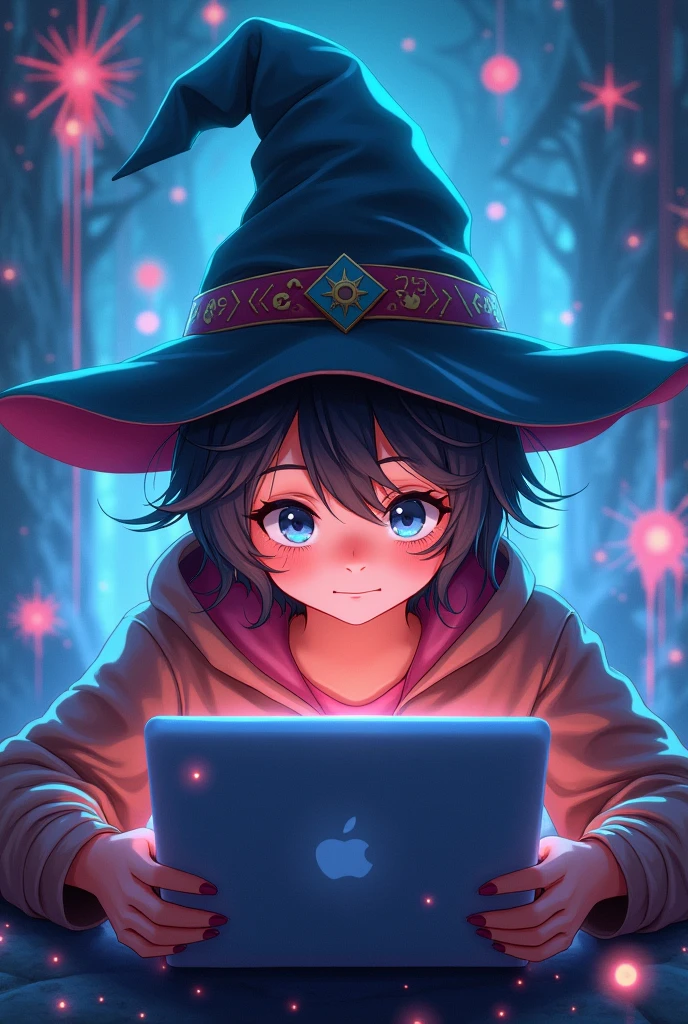 Gamer wearing sorting hat while playing anime style video game with magical background