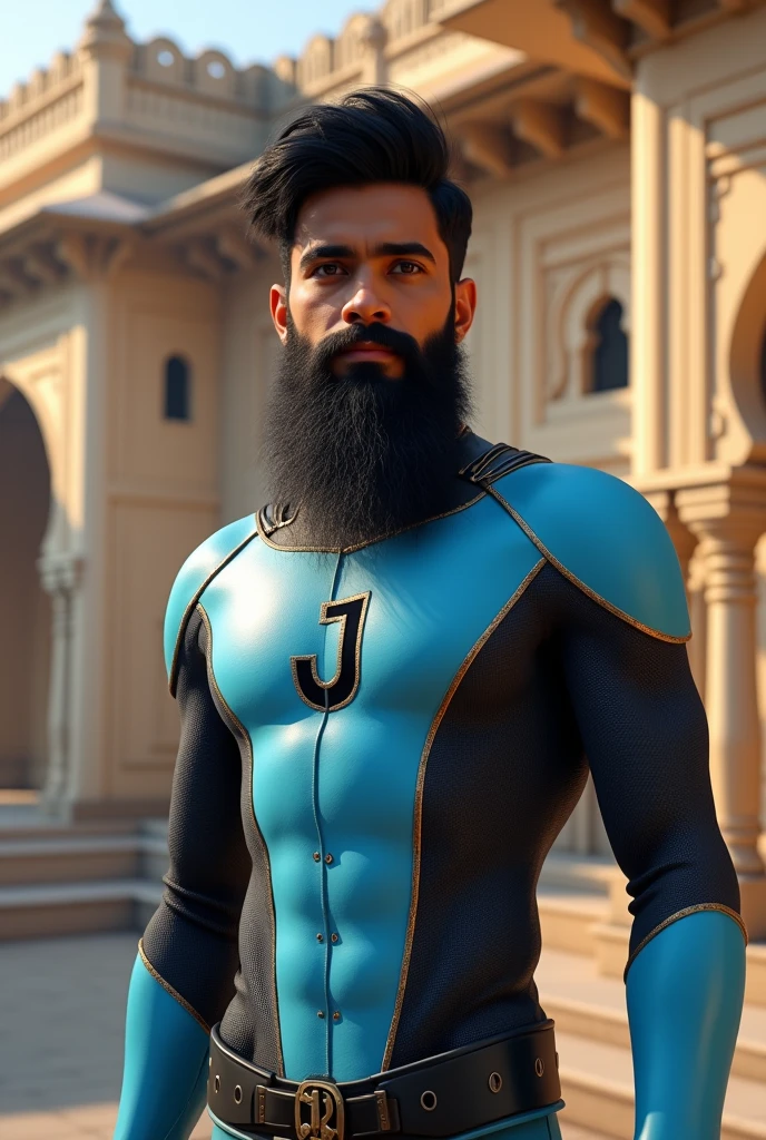 Jay boy having a superhero suit with light blue and black colour and also have a face mask with background or Indore rajwada . The center of logo as a J and it's right side . please replace with Indian boy and remove mask and boy have a good long trim beard