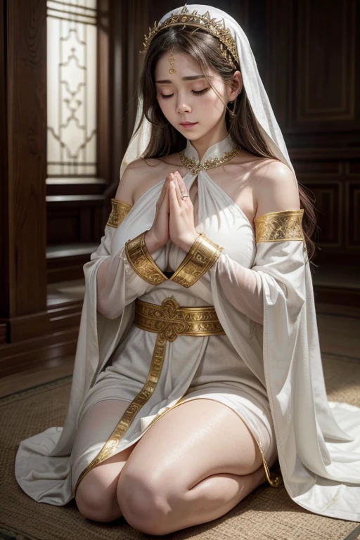 1 female, Various hairstyles,, big ,Large Breasts,Plump,Huge white round breasts, The blindfolded priestess、It is a being that combines holiness and mystery.。Her costume is a sacred robe in white and gold, with intricate embroidery on pure white fabric.,The robe has a loose design that hides the body lines, yet has an elegant flowing silhouette and is long enough to reach the feet.,A decorative vestment is worn across the shoulders and chest, depicting sacred symbols.,Under simple long sleeves, they wear silver bracelets and prayer beads, and in their hands they hold ceremonial staffs and scriptures for prayer.,The blindfold is her signature feature, carefully wrapped in pure white or pale gold cloth.,The fabric is smooth and simple in design, but it reflects light and shines softly, enhancing her divine presence.,Although blindfolded, her expression is calm and composed, full of inner strength and faith.,She stands in prayer pose with her hands clasped over her chest, demonstrating her faith in God.,In the background are temples and sacred altars, and a faint light surrounds her, creating a mysterious atmosphere.,The overall effect of the blindfold is to heighten her senses and connect her to a deeper faith.,