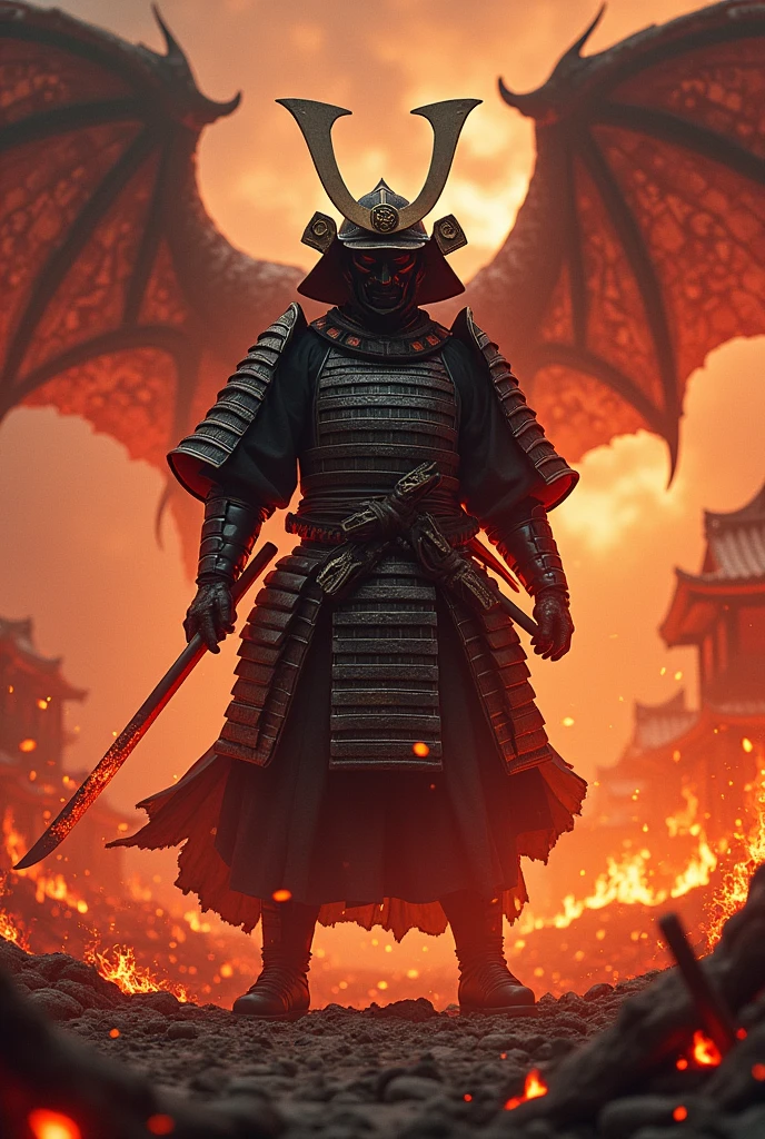 A shogun in a burning village angry holding his katana which red in color with hot tempered blade and he is alone
He has his full Armor with helmet and he isn't showing his face there is dragon shadow coming from his back dragon is Japanese folklore 