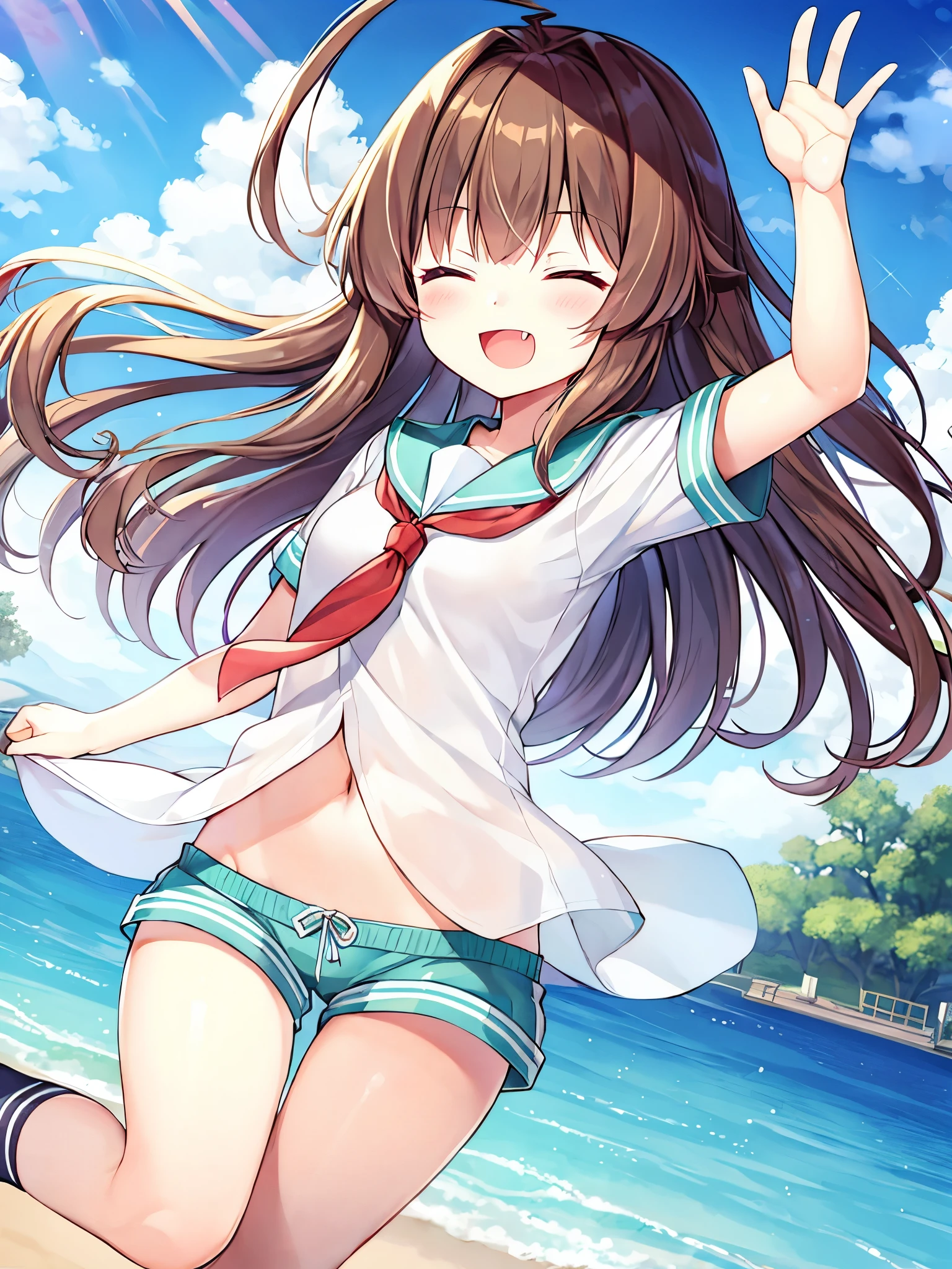 1young_teen_ girl, brown_hair, long_hair, sailor_uniform,white_ baggy_shorts, short_sleeve, thighs, small_breasts, big_smile, open_mouth, fang, harbor_landscape_background, slightly_spread_legs, happiness, covered_crotch,ahoge,XD,exciting_posing,closed_eyes,solo,