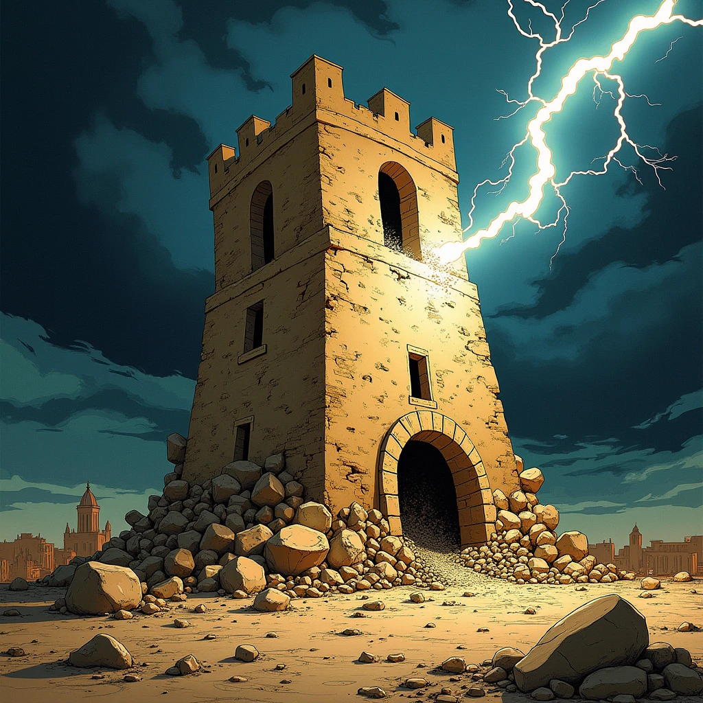 tarot cards:tower:An illustration,((lightning strike)),tower destroyed by lightning,Adobe An Illustrator,draw with thick lines,rich colors,mysterious,,masterpiece,best masterpiece,Light and shadow,draw carefully,calm colors,fantasy,dark fantasy,rendering,,zentangle elements.