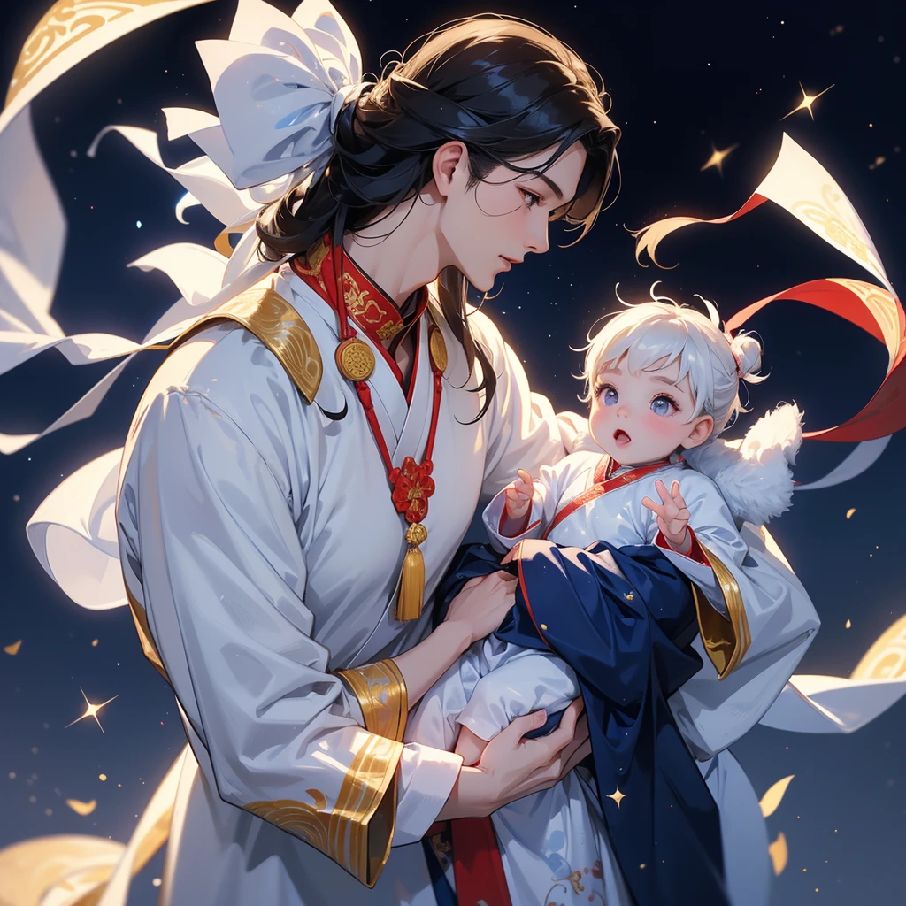A one-year-old baby boy in an white ancient Chinese baby costume with his beautiful mother, dressed in an ancient Chinese costume, playing with each other, with his handsome father standing next to his mother, close up.
Background is a dark night, with moonlight and millions of stars, twinkling everywhere, with blue light