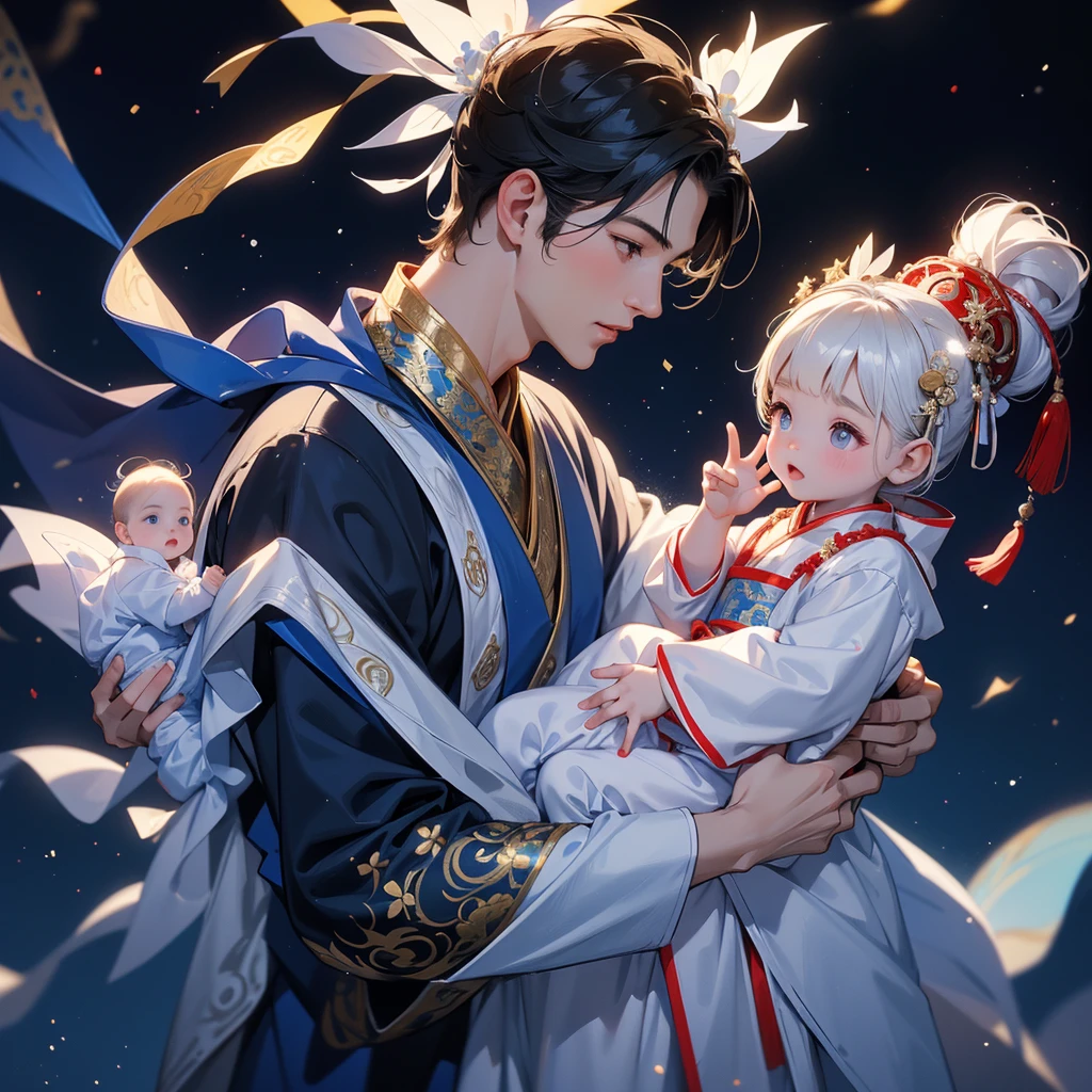 A one-year-old baby boy in an white ancient Chinese baby costume with his beautiful mother, dressed in an ancient Chinese costume, playing with each other, with his handsome father standing next to his mother, close up.
Background is a dark night, with moonlight and millions of stars, twinkling everywhere, with blue light