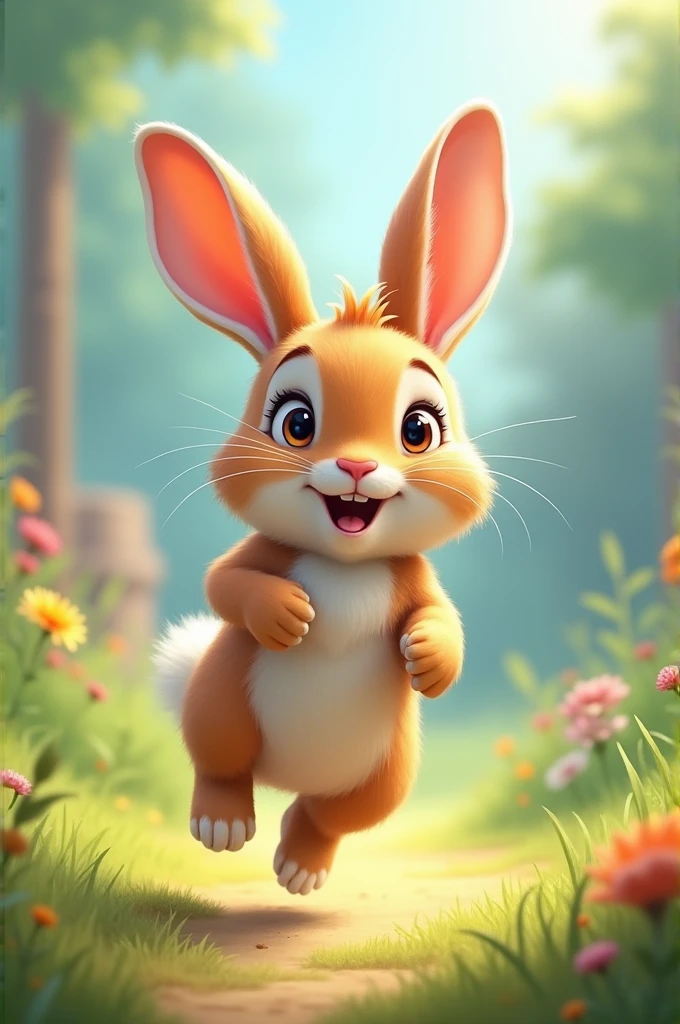 A playful rabbit hopping around with a curious expression.
- Text: "एक बार एक खरगोश..."