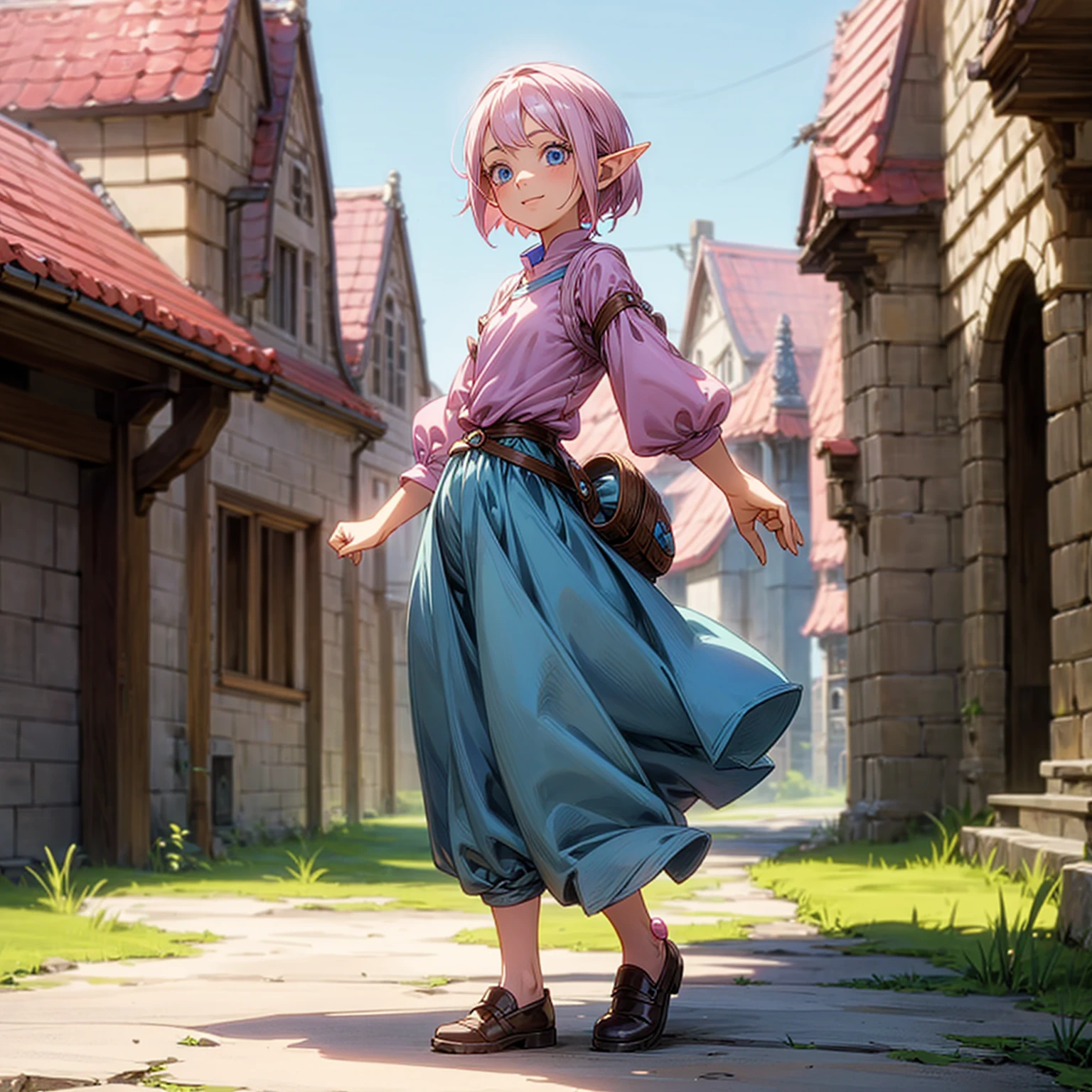 Solo character, full body version,  girl, (elf), blue eyes, pink color hair, short hair, blue shirt clothing, brown pants, shoes, outdoor, village, medieval, standing gesture, detailed background, detailed clothing, detailed hair, (one piece style art, Doraemon style art), happy 