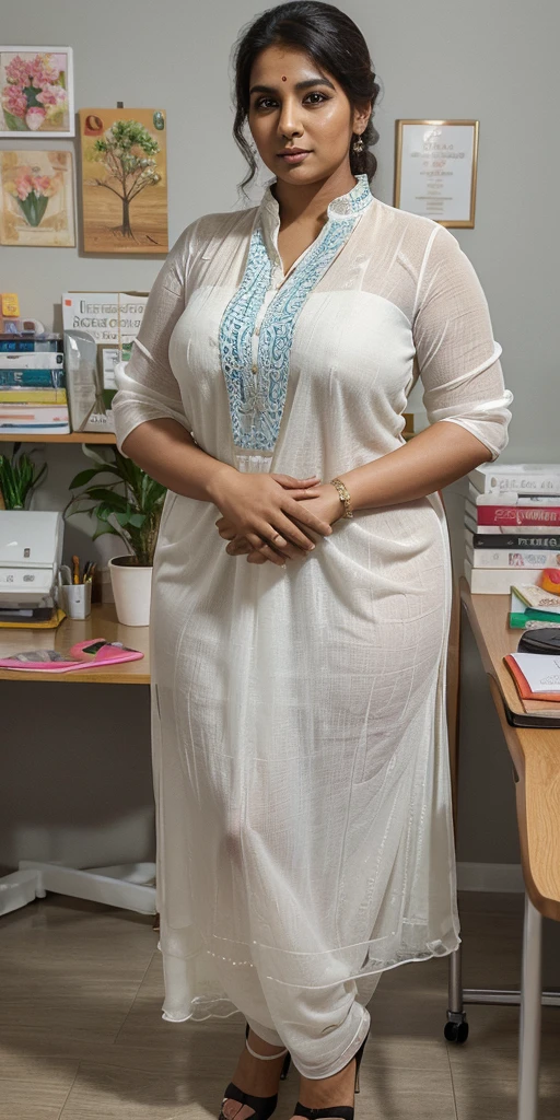Day scene, A radiant, full-figured South Indian 35 year old aunty a white colour chiffon gown ,standing, in a office captured in a full-body image with vibrant hues and meticulous details. Full body image