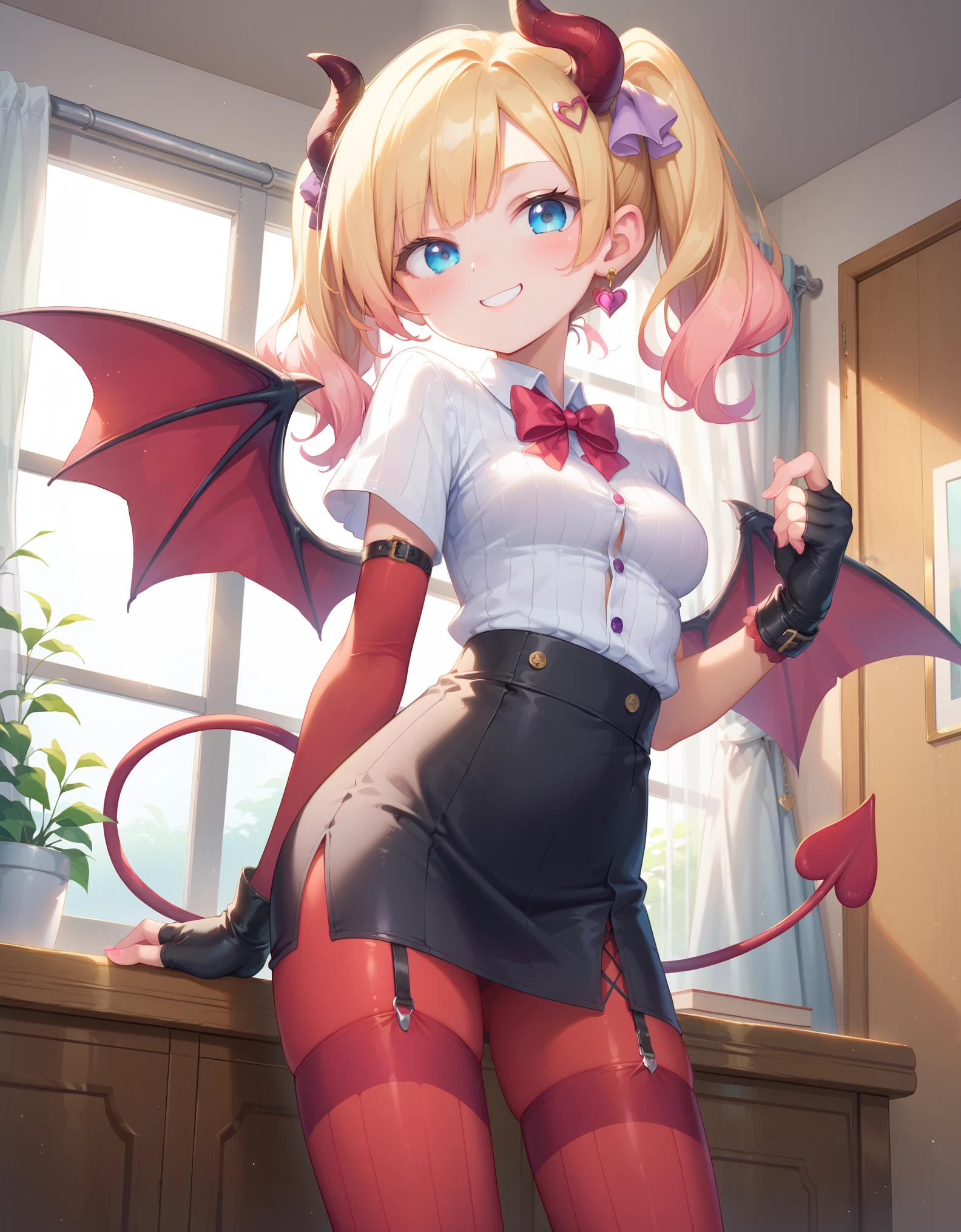 score_9, score_8_up, score_7_up, source_anime, BREAK, mwk 1girl, solo, button-down-shirt, ribbed-pantyhose, anne boonchuy, seductive smile, looking at viewer, indoors,, wings, horns, tail, demon tail, fingerless gloves, garter straps, gloves, demon horns,