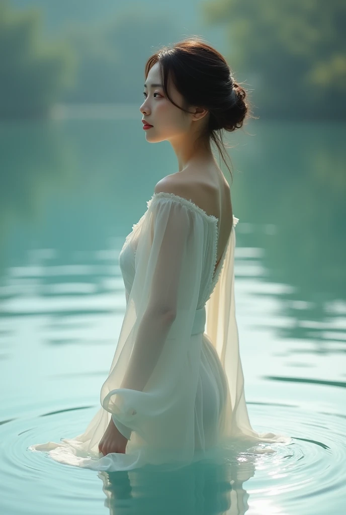 Japanese actress standing on the water, Soft Light, Shot with Canon EOS 5D, Soft Lowlights, DSLR 5.0 mm 、Soft lighting, Soft light from the side。The latest beauties of 2024、whole body