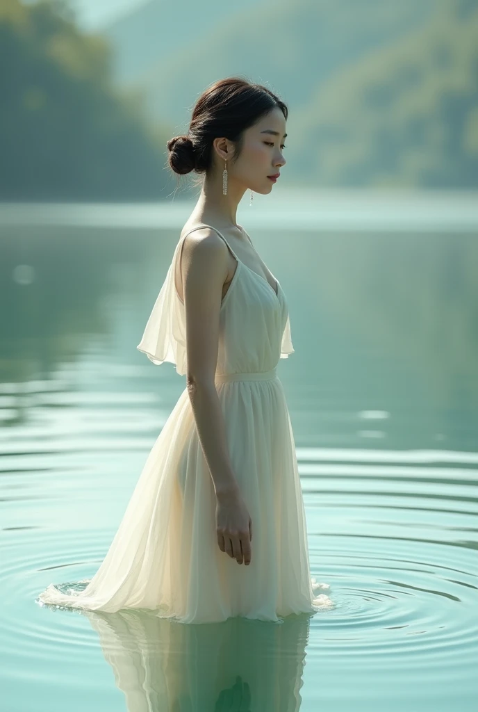 Japanese actress standing on the water, Soft Light,  Shot with Canon EOS 5D, Soft Lowlights, DSLR 5.0 mm 、Soft lighting, Soft light from the side。The latest beauties of 2024、whole body