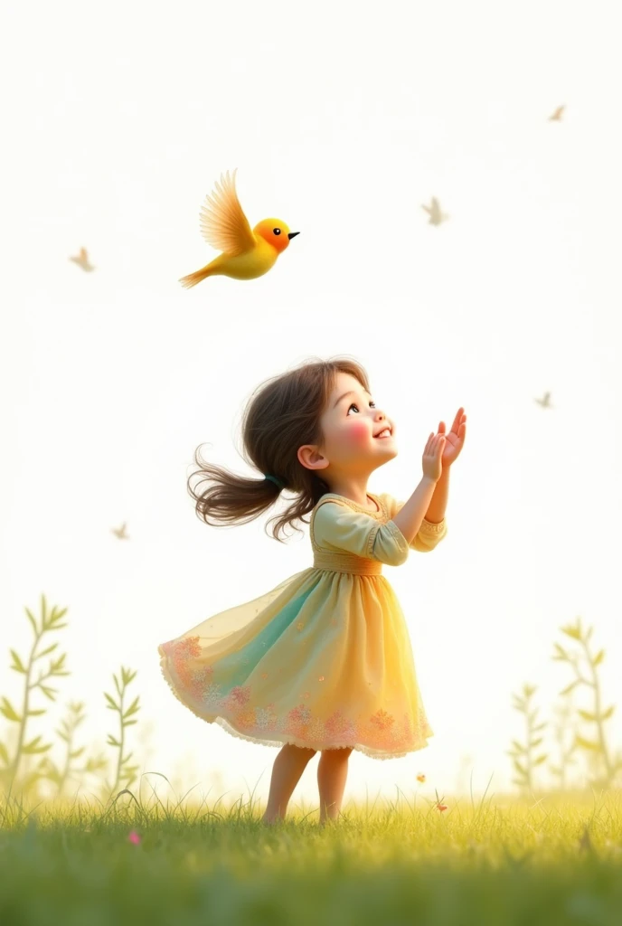 white background,best quality,cute liitle girl standing on grass,she look at the little bird,rais her hands to the little bird,cute little bird flying,cute colorful frock wearing the girl,smiling face