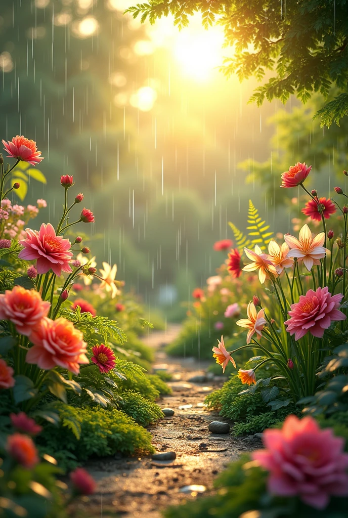 The garden after the rain. Various flowers and plants of various colors are planted in the garden. Crystal raindrops can be seen on the petals, and the sun shines all over the flowers and plants.