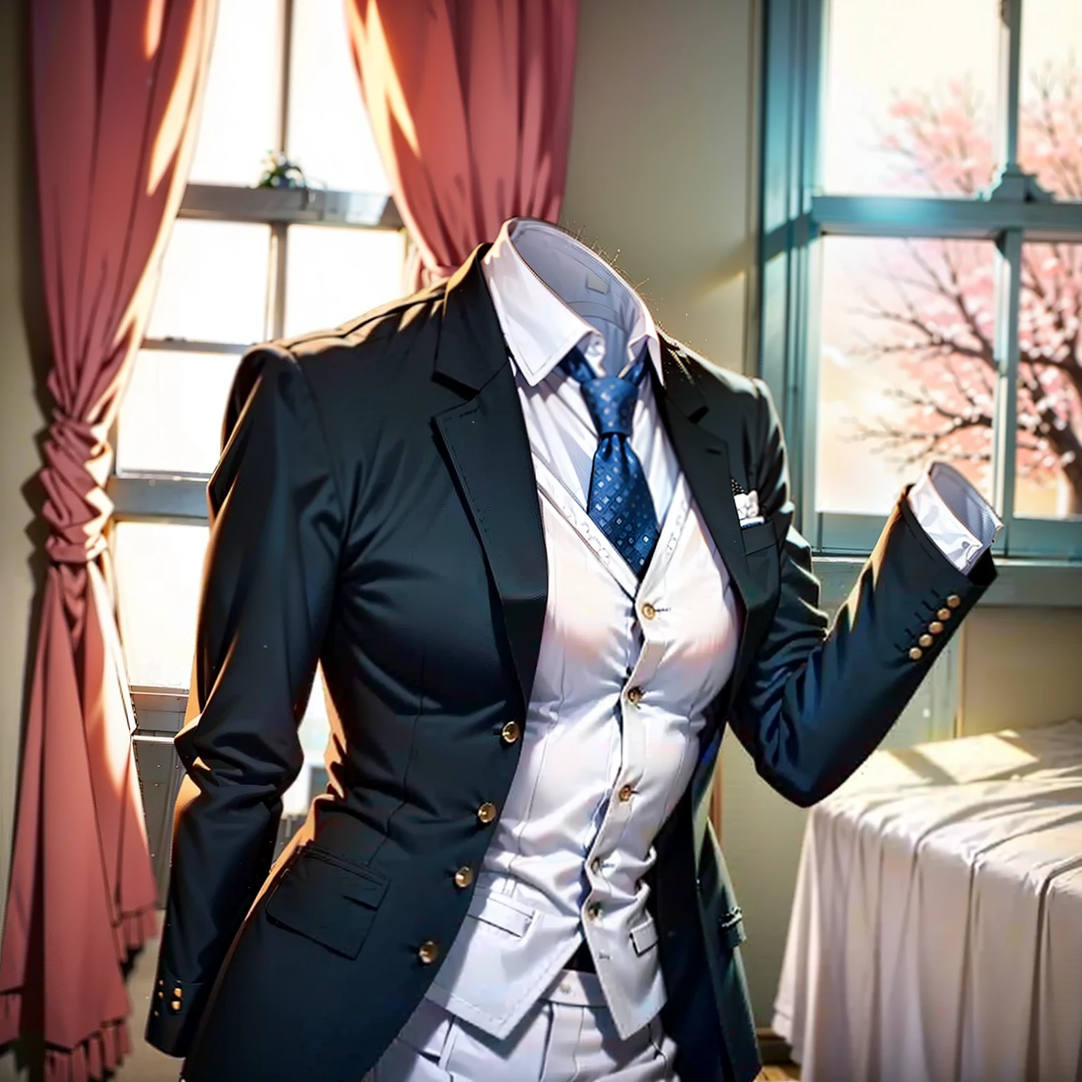 Yukinoshita Yukino wears a tuxedo coat, 1girl, Snafu anime, Female Butler, Elegant blue evening tie, collared shirt, bloomers, Black tail coat, Detailed background of the room, Very sexy girl in suit and tie standing by the window, 1girl, solo, necktie, jacket, looking at the scenes, shirt, bloomers, blue necktie, collared shirt, white pants, white shirt, indoors, explosions, long-sleeved, closed mouth, window, black jacket, blush, cowboy shot, ceremonial, Yukinoshita Yukino suit, A woman in a black suit and blue tie is standing next to a windowsill, 1girl, solo, necktie, eyes blue, jacket