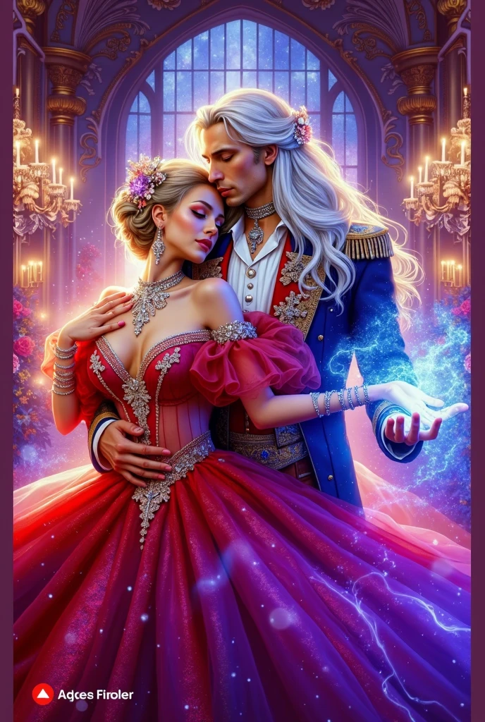 colorful Digital love errotoc art for bookcover, only couple in love, a handsome prince, 3, in full growth, long white straight hair, Victorian clothes, holding in his hand magical energy, a young blonde woman hugs him, brown hair, red transparent luxury SHIMMERING GLOW gown in a complex hairstyle and massive sparkling jewellery with brilliants, against the backdrop of the hall of the Magic Academy, decorated luxury, particles of magic in the air, fantasy, mystical mysterious atmosphere full of riddles. vivid complementary red-lazur colorscheme, bright contour glow light. both look to camera! no people on background, IDEAL SILK GLOSSING HAIRS