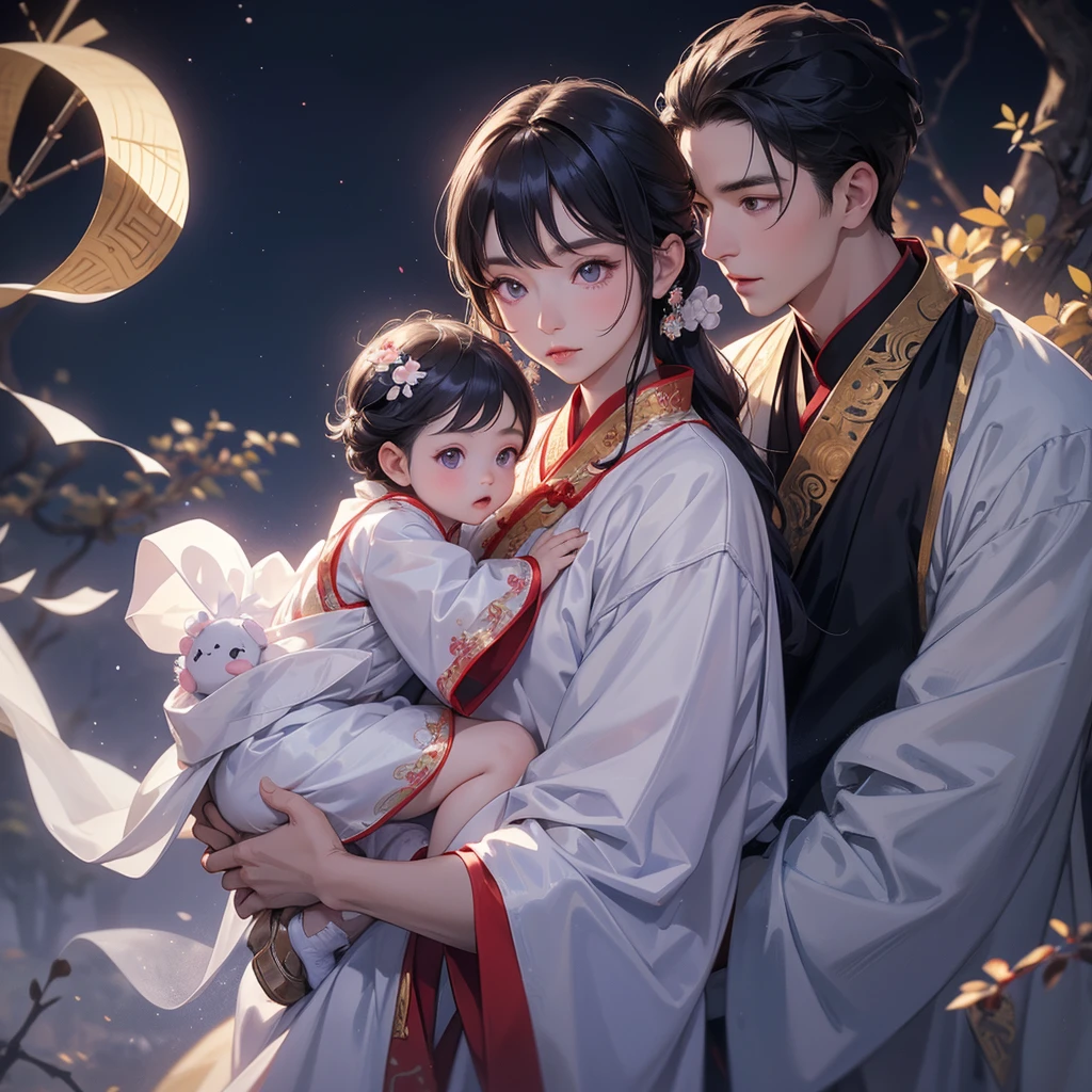A one-year-old baby boy in an white ancient Chinese baby costume with his beautiful mother, dressed in an ancient Chinese costume, There are some floating clouds, playing with each other, with his handsome father standing next to his mother, close up.
Background is a dark moonless night, with dry trees in the background, and purple glowing light