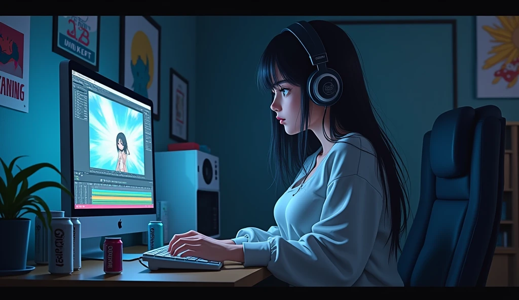 Perfect image, 8k, A high school girl editing a video in a dimly lit room、 Using headphones, 2D-style animation, Lo-Fi、night、Energy Drinks、Retro、Anime style illustrations、Loungewear、Big Breasts