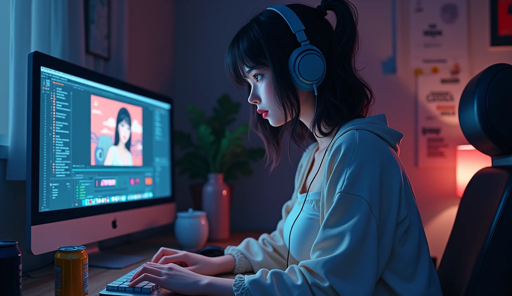 Perfect image, 8k, A high school girl editing a video in a dimly lit room、 Using headphones, 2D-style animation, Lo-Fi、night、Energy Drinks、Retro、Anime style illustrations、Loungewear、Big Breasts