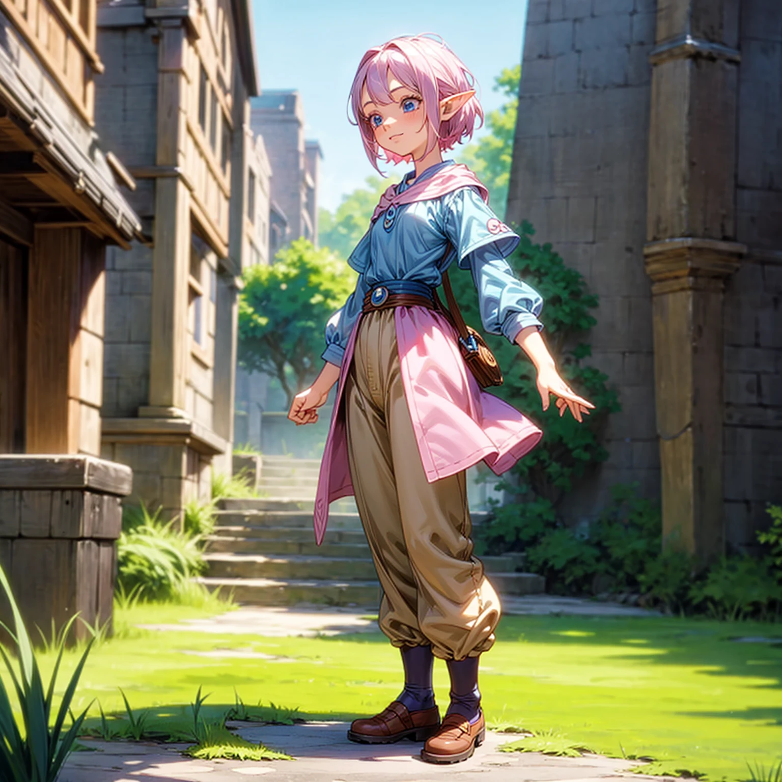 Solo character, full body version, kid girl, (elf), blue eyes, pink color hair, short hair, blue shirt clothing, brown pants, shoes, outdoor, village, medieval, standing gesture, detailed background, detailed clothing, detailed hair, (one piece style art, Doraemon style art), happy 