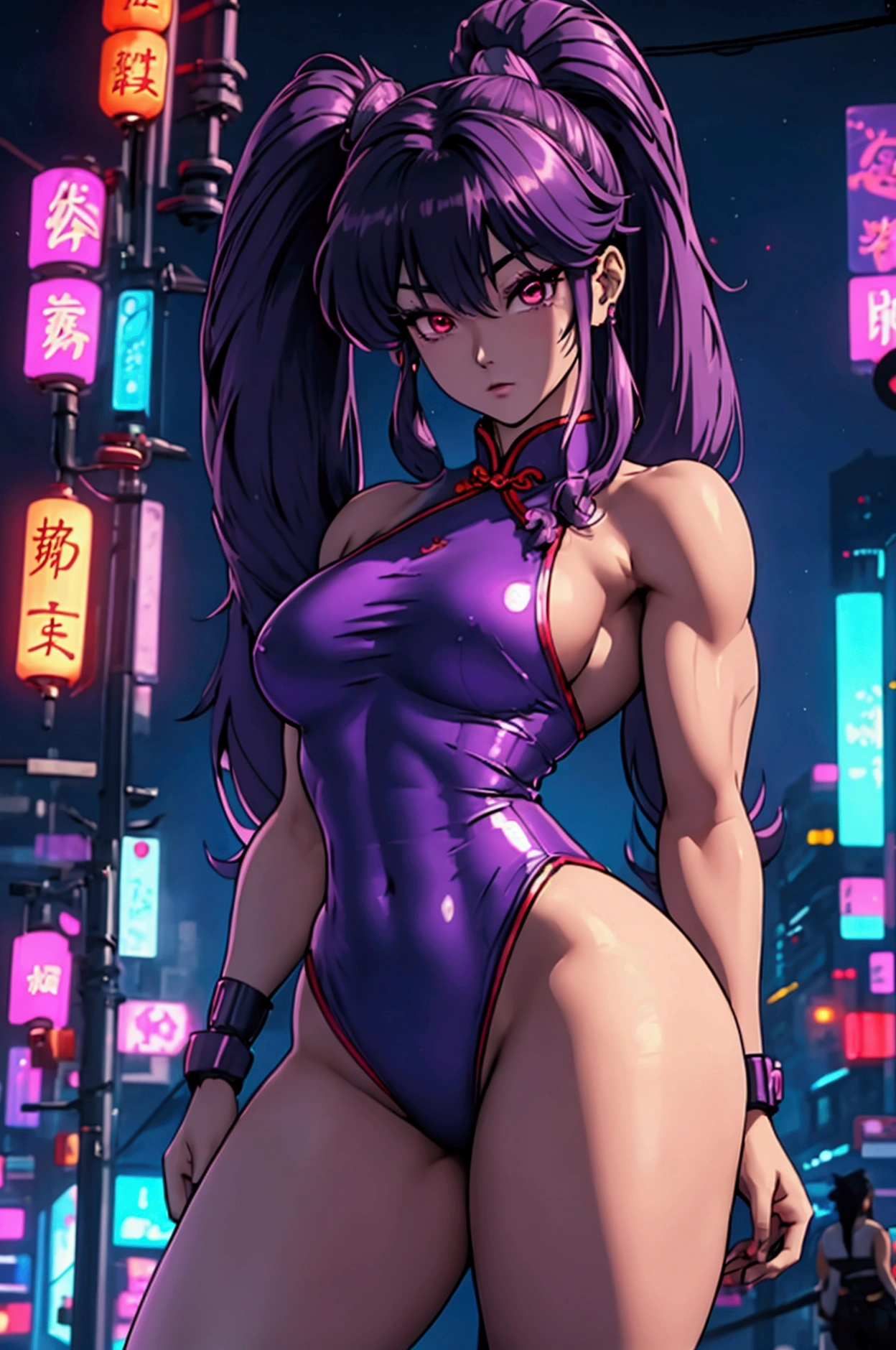 Xampu, ranma 1/2, , coke head、Long purple fur, twin-tail、Traditional Chinese Dress. blank background. Fitness, muscular, shredded abdomen, thick-thighs, thick calves, sexy legs, thick-thighs, Broad Hips, Waist slender, breasts small, high-heels, whole body, legs thick, Legs long. cyberpunk-city view, clearly defined lines, Very sexy neon lights, 8k, 8k Very detailed), (Very delicate and beautiful), (work of art), (best qualityer: 1.0), (ultra-high resolution:1.0), ((tema de fundo synthwave))