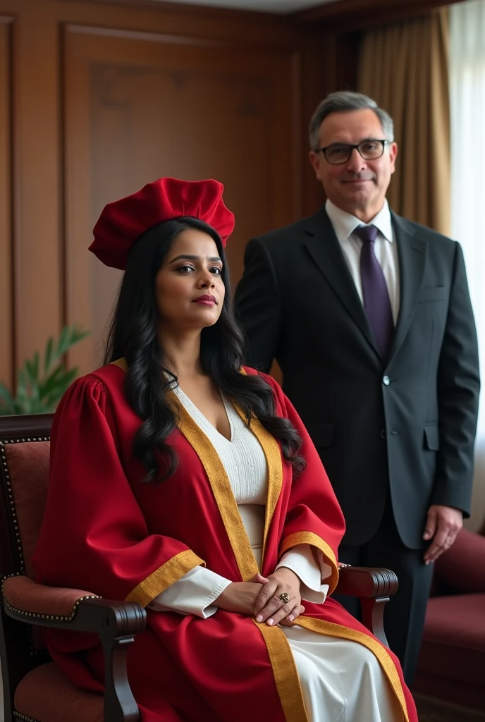 Wearing full body Academic regalia wealthy sri lankan average beautiful girl(big breasts and butt) sit in chair and sri lankan wealthy age 35 spec's man (software,electrical,garments companies owner)