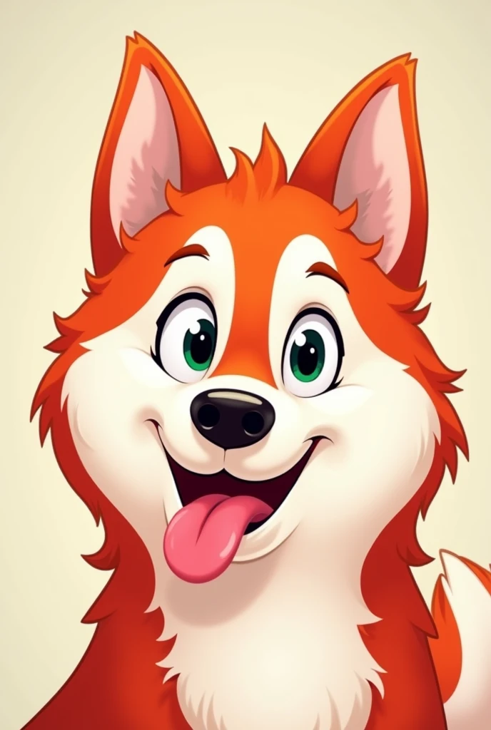 A cartoon face of a red husky with its tongue sticking out