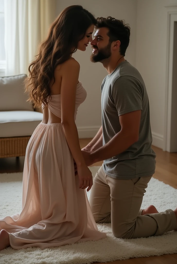 Beautiful wife with wavy long hair, elegantly dressed, kneeling with a submissive expression by her standing husband casually dressed