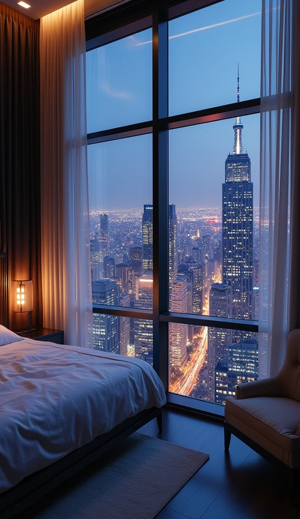 A sleek, modern apartment high above the city, where you can gaze out of your bedroom window at a breathtaking skyline. The view captures the twinkling lights of skyscrapers, the glow of neon signs. creating an ambiance of energy and excitement.