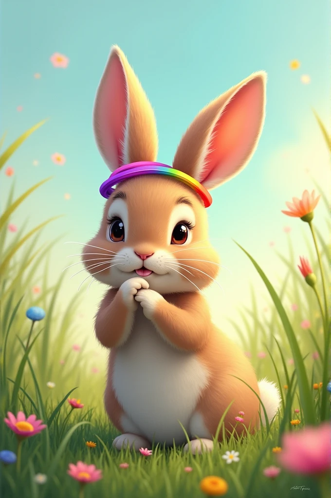 The rabbit finds a pair of colorful rubber bands.
- Text: "...ने अपने कानों में रबर बैंड पहने..."