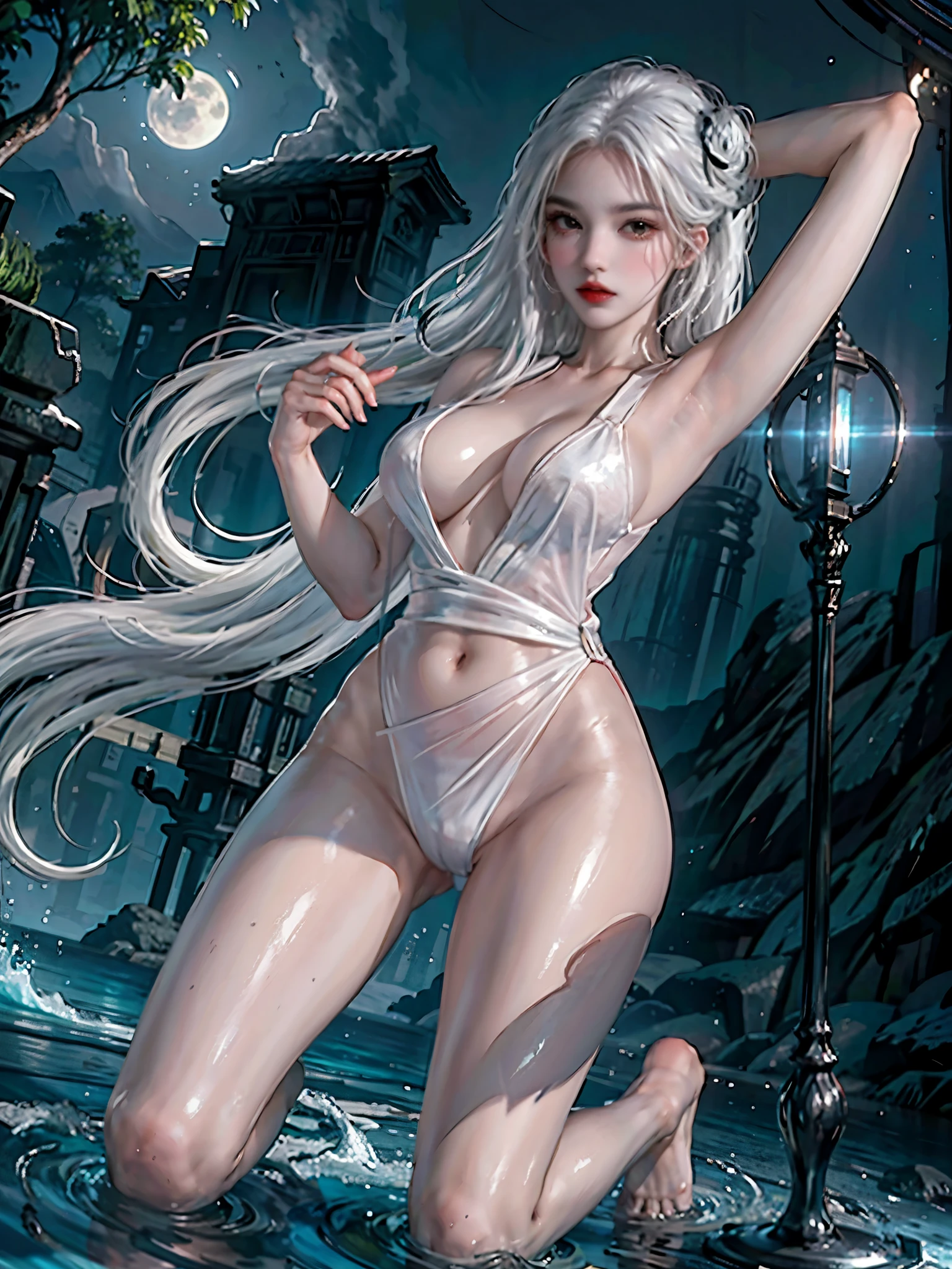 2lady, Kneel down, Back,Stretch your legs,foot,foot趾,White hair,Sexy,Nude Jersey, Holding a fan,Side breast, Sexy的大腿,大wave发,Holding a spear,The fox is nearby,Delicate face, black eyes, A faint smile, become a, Large Breasts, Moonlit sky,Sky background at night,Ocean,wave,Rose