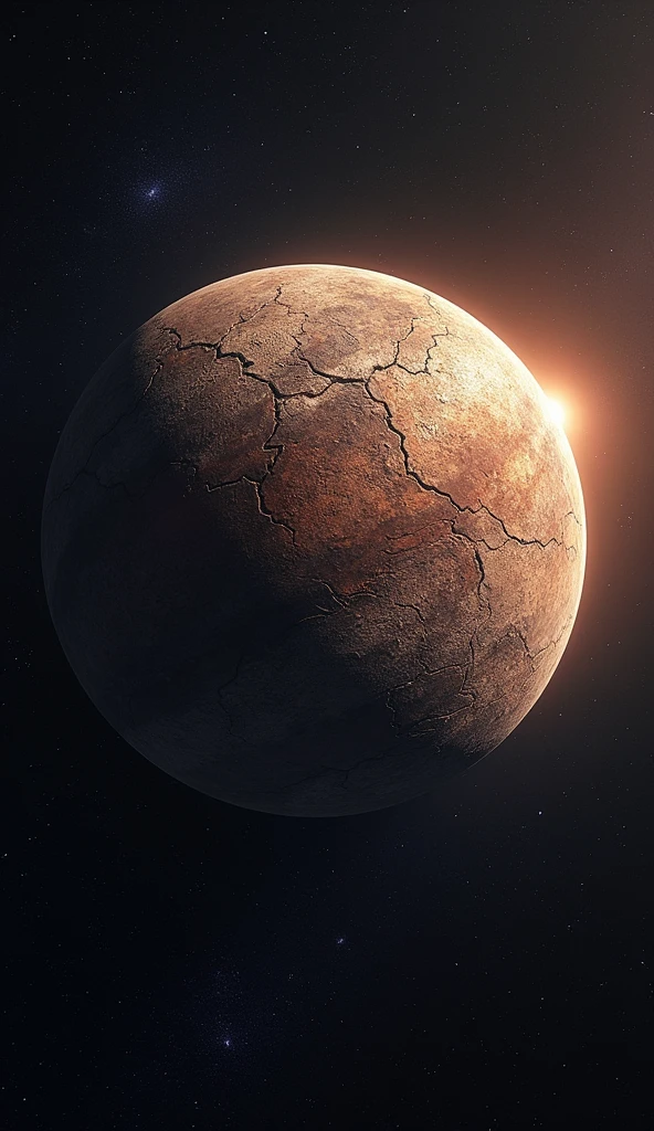 Detailed image of the planet Mercury showcasing its shrinking surface with visible cracks and ridges. The scene is set against a starry space background with a faint Sun illuminating the planet. The atmosphere should convey a scientific and mysterious feeling, highlighting the ongoing tectonic activity.