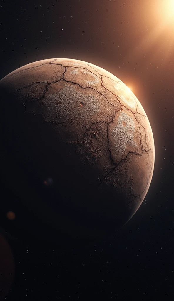 Detailed image of the planet Mercury showcasing its shrinking surface with visible cracks and ridges. The scene is set against a starry space background with a faint Sun illuminating the planet. The atmosphere should convey a scientific and mysterious feeling, highlighting the ongoing tectonic activity.