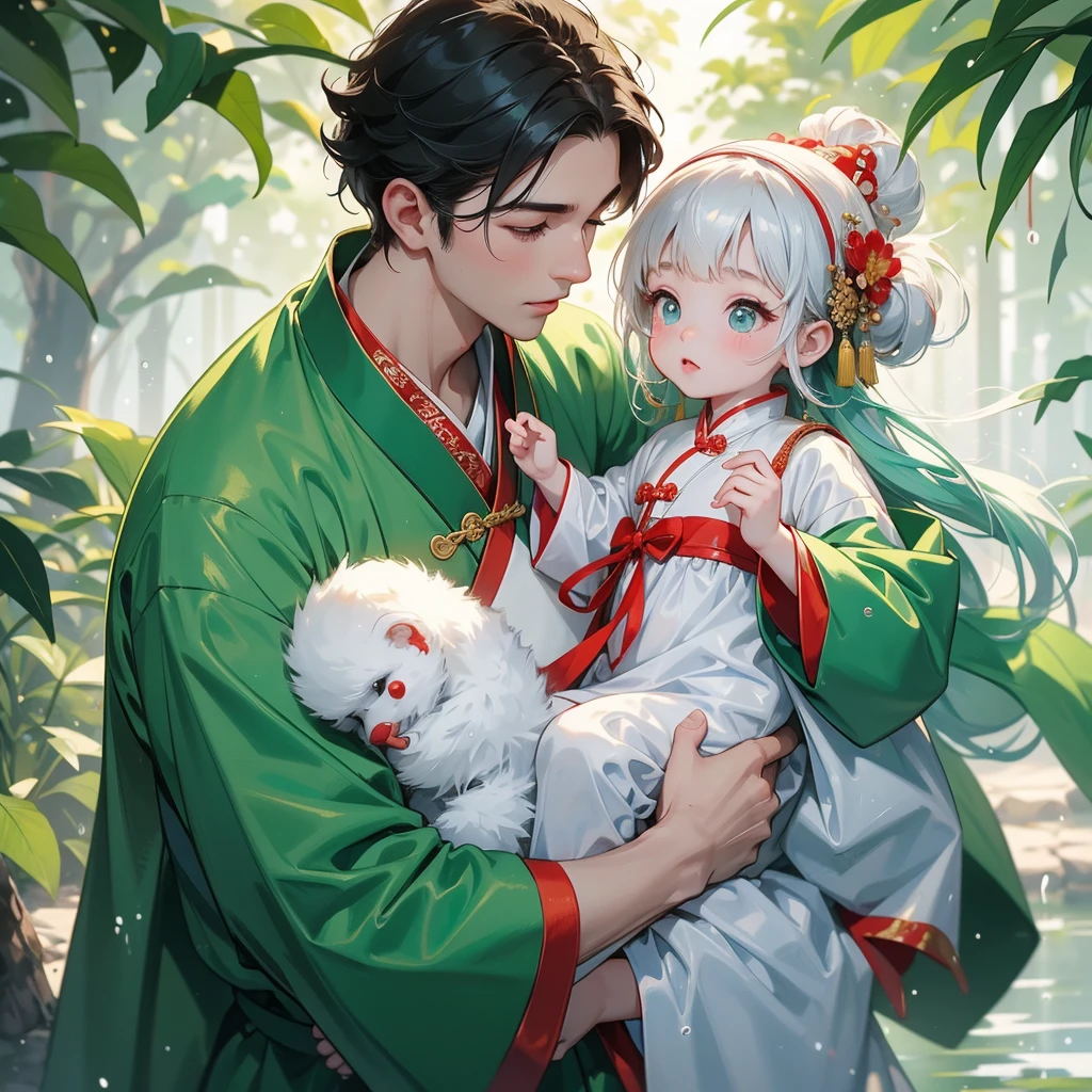 A one-year-old baby boy in an white ancient Chinese baby costume with his beautiful mother, dressed in an ancient Chinese costume, playing with each other, with his handsome father standing next to his mother, close up.
Background is trees, vegetables, lush green, with water drops after rain, with mist everywhere, green