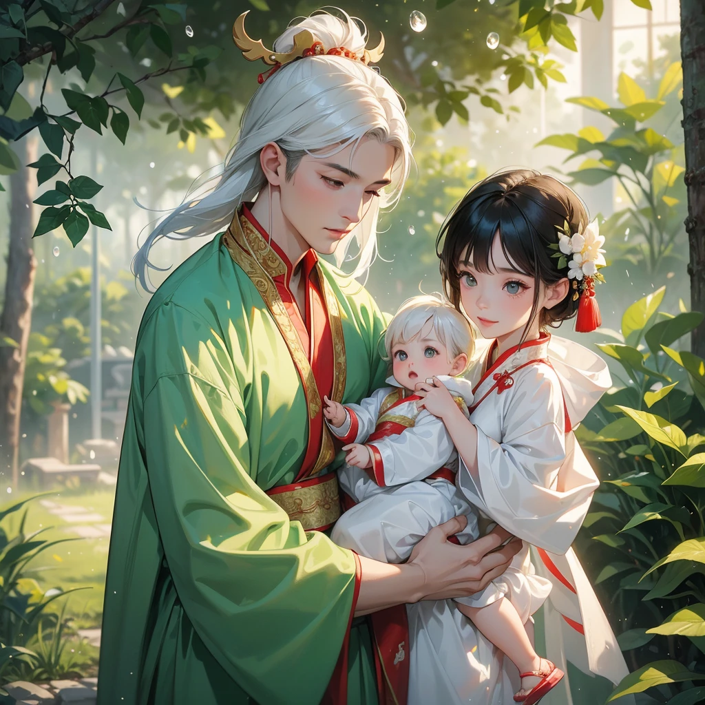 A -yead bab an white ancient Chinese baby costume wiis beautiful mother, dressed in an ancient Chinese costume, playing with each other, with his handsome father standing next to his mother, close up.

Background is trees, vegetables, lush green, with water drops after rain, with mist everywhere, green