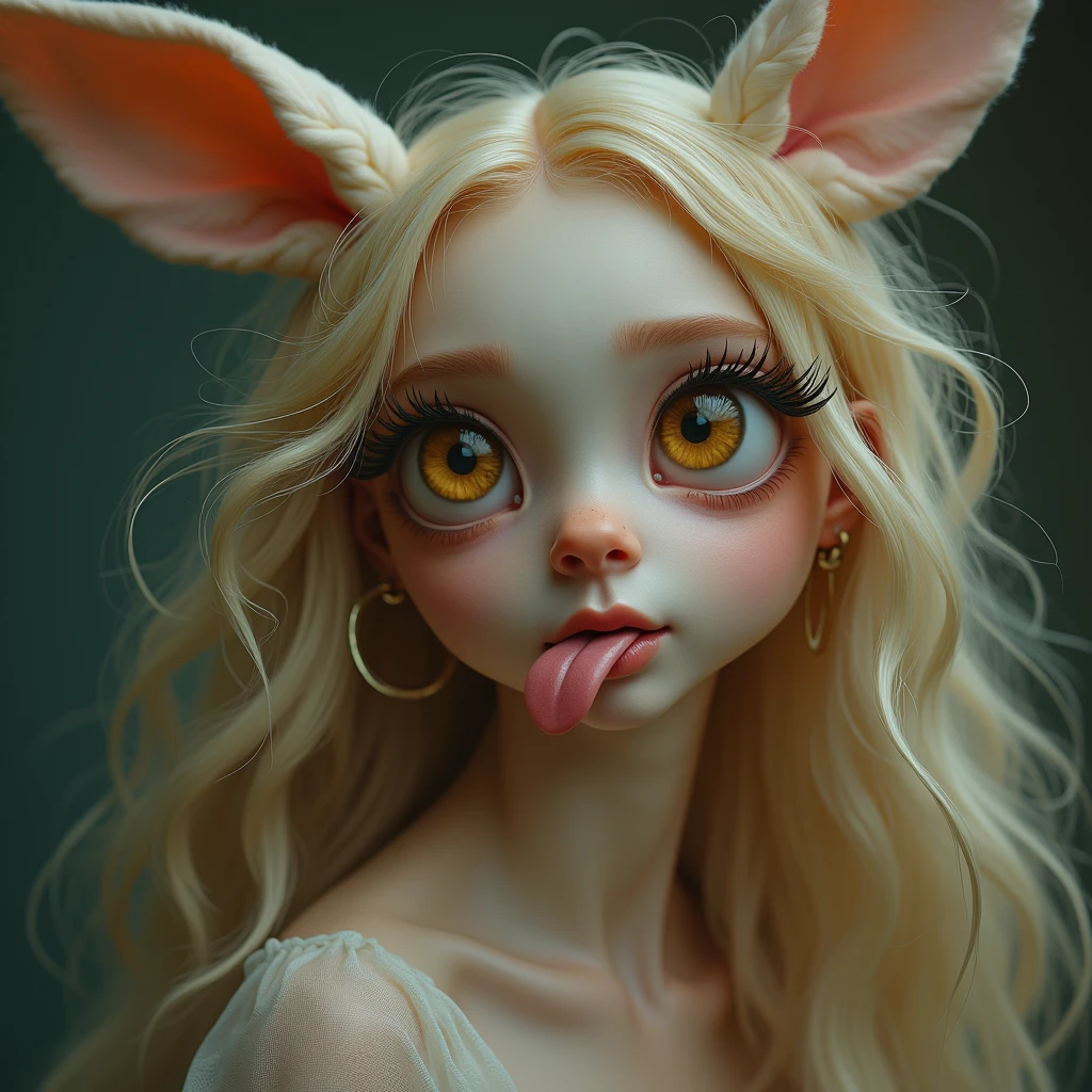 blonde hair, dashed eyes, longeyelashes, amber eyes, hoop earrings, rabbit ears, smile, tongue out, cinematic lighting, Surrealism, UHD, masterpiece, textured skin, super detail, high quality, highres, 8k