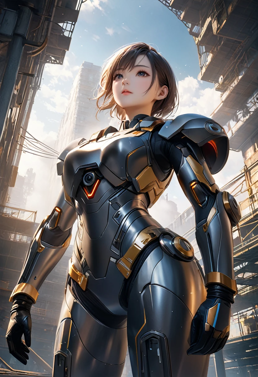 (One person:1.3), alone,__Body parts__, Official Art, unity 8k wallpaper, Super detailed, beautiful and aesthetic, beautiful, masterpiece, 最high quality, born, masterpiece, Ultra HD Photos,, 最high quality, Ultra-high resolution, Realistic, sunlight, Full body portrait, stunningly beautiful,, Dynamic pose, Delicate face, bornきbornきとした目, (Side view), She is wearing a futuristic Iron Man suit., Red and Gold, Highly detailed abandoned warehouse background, Detailed face, Detailed, intricate and busy background, Messy, nice, Milky, Skin with attention to detail, Realistic skin detail, Visible pores, Sharp focus, Volumetric Fog, 8K Ultra HD, Digital single-lens reflex camera, high quality, Film Grain, Fair skin, Photorealism, Lomography, A sprawling metropolis in a dystopian future, View from below, translucent