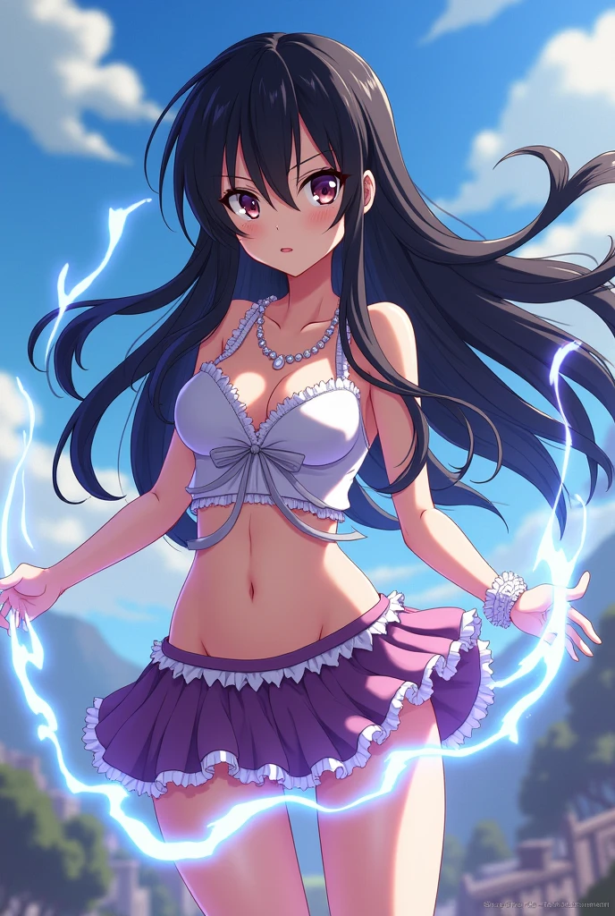 Fairy tail anime girl uses light magic cute clothes black hair savage looking girl withoit necklace 

