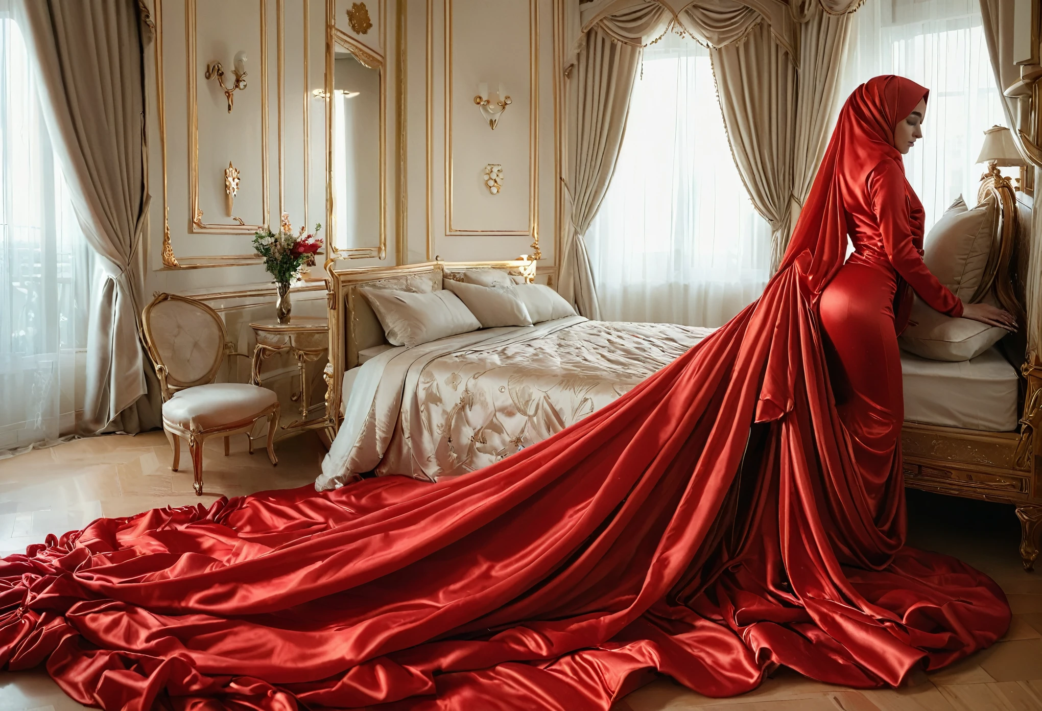 A woman shrouded in a 10-meter-long, plush red satin cloth, tightly bound and grandly draping along the form of her body, flowing off into a pooled floor-length train, styled in a mermaid-inspired outfit, her head modestly veiled in a satin hijab, tall woman, in luxury bed room, a full-body pose conveying a sense of mysterious elegance, captured in a 4k resolution, ultra-realistic