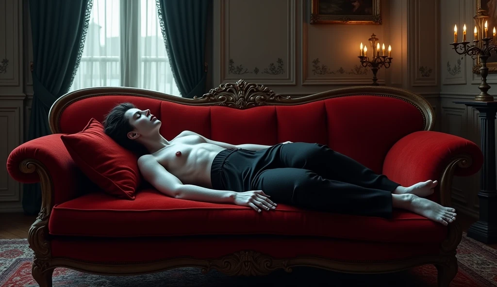 A vampire sleeping on a red velvet couch, in a victorian mansion, Gothic style, illuminated by the light of twilight, dark fantasy