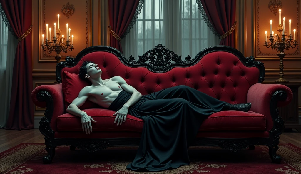 A vampire sleeping on a red velvet couch, in a victorian mansion, Gothic style, illuminated by the light of twilight, dark fantasy