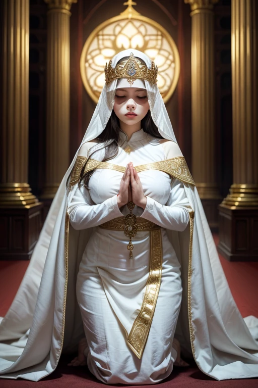 1 female, Various hairstyles,, big ,Large Breasts,Plump,Huge white round breasts, The blindfolded priestess、It is a being that combines holiness and mystery.。Her costume is a sacred robe in white and gold, with intricate embroidery on pure white fabric.,The robe has a loose design that hides the body lines, yet has an elegant flowing silhouette and is long enough to reach the feet.,A decorative vestment is worn across the shoulders and chest, depicting sacred symbols.,Under simple long sleeves, they wear silver bracelets and prayer beads, and in their hands they hold ceremonial staffs and scriptures for prayer.,The blindfold is her signature feature, carefully wrapped in pure white or pale gold cloth.,The fabric is smooth and simple in design, but it reflects light and shines softly, enhancing her divine presence.,Although blindfolded, her expression is calm and composed, full of inner strength and faith.,She stands in prayer pose with her hands clasped over her chest, demonstrating her faith in God.,In the background are temples and sacred altars, and a faint light surrounds her, creating a mysterious atmosphere.,The overall effect of the blindfold is to heighten her senses and connect her to a deeper faith.,
