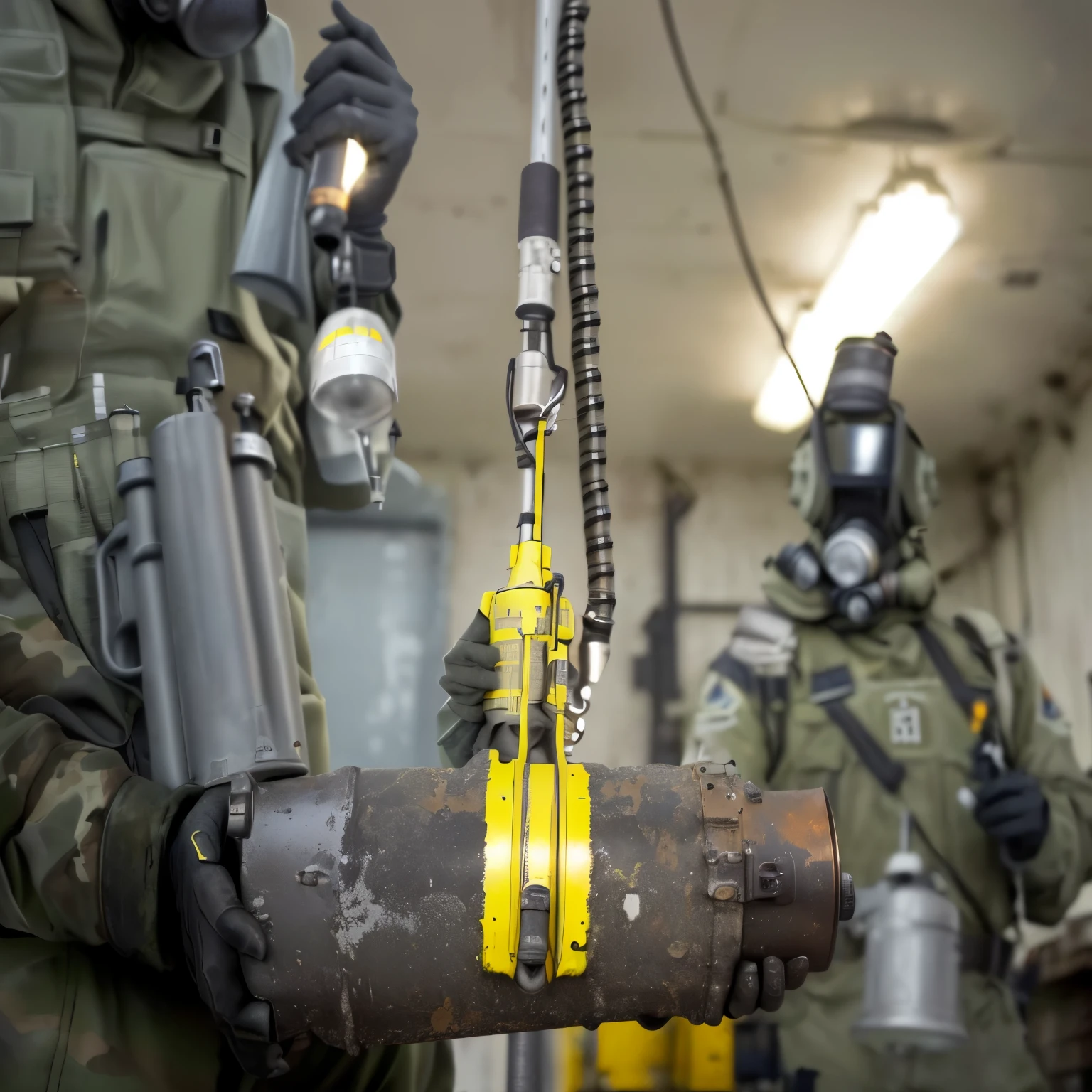 there are two men in gas masks and protective suits holding a pipe, holding a bomb, photograph credit: ap, nuclear waste, holding a giant flail, welding torches for arms, the photo shows a large, nuclear bomb, hand grenades, michal mraz, industrial photography, hgrenades, :10 gas grenades, very detailled