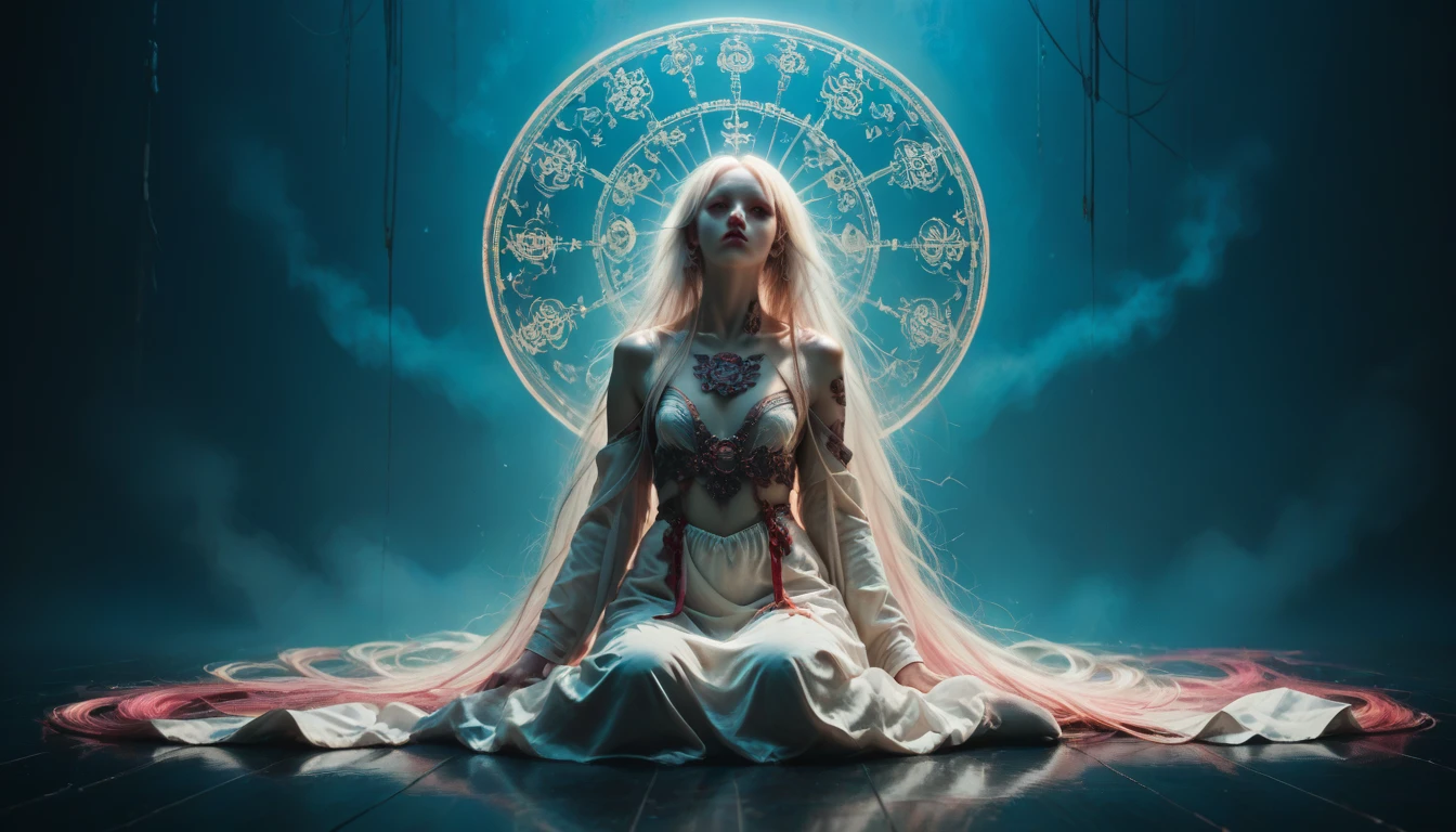 A 17 year old girl, albino, light and yellow eyes, very long hair that reaches the floor, superior celestial clothing, cyberpunk style, dark setting, she wears an elegant satin mandala, 3070s, she looks like a deity, an oracle, She is sitting on the floor as if in an oriental geisha pose, her hair is so long that it takes up much of the floor, her hair is white, she has a purple symbol tattoo on her forehead, a wide view allowing us to see her entire body, fullbody, wide view, distant view, 8k, realistic, dystopian, ultra realistic, premium photo