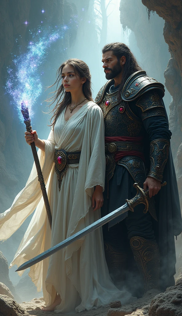 "In a dramatic scene of teamwork, the young female shaman and Valis work together to save Vortex. The shaman, dressed in flowing white robes and holding a glowing staff, channels a powerful energy to counter the dark spell. Valis, wearing black gothic armor with blood-red jewels, stands by her side, his sword raised in defense. The scene captures the intensity as the shaman’s magic and Valis’s combat skills combine to break the spell and protect Vortex. The background shows the remnants of the dark spell dissipating, with a sense of hope and relief as the threat is neutralized."