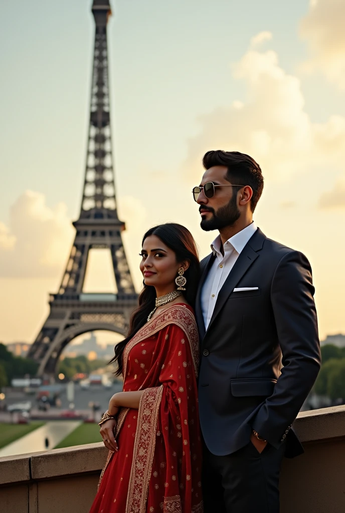 Handsome man with hight 6.1 beard standing on the right of the Eiffel tower with sunglasses and his girlfriend hight 5 feet Indian dresses