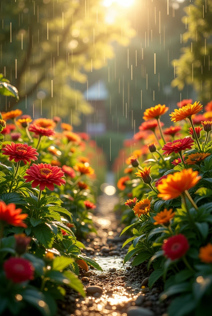 Realistic, high-definition, movie light effects, the garden after the rain, a variety of colorful flowers and plants are planted in the garden, crystal raindrops can be seen on the petals, and the sun is shining all over the flowers and plants.