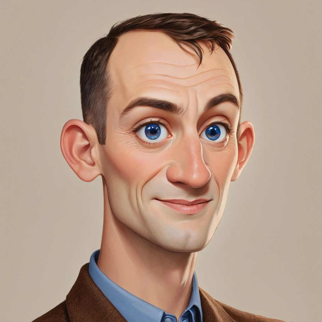 drawing of a European man, very beautiful, wide chin, wide cheekbones, Very short haircut, Brown hair, middle lips, high forehead, dark blue eyes close set small, nose big expressive, Broad face, aged 37-40 years, looks with irony and a grin, in the artistic style of Mattias Adolfsson