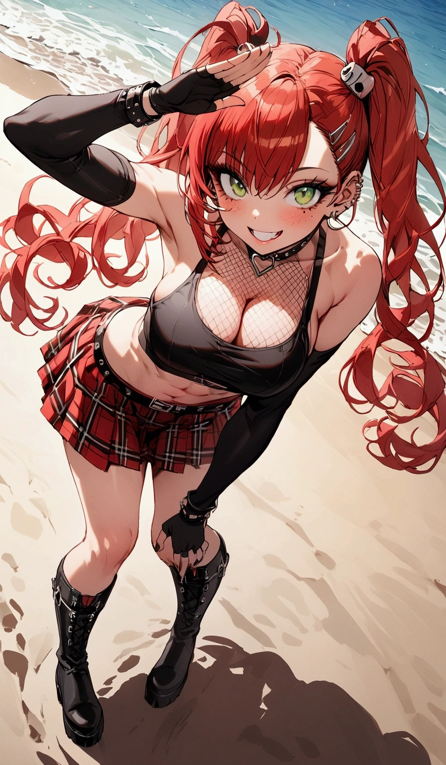 woman, grin, curly red hair in pig tails, green eyes, black eyeshadow, wearing crop top black shirt, black jacket, red plaid skirt, black knee high boots, black fingerless gloves, exposed shoulders, large breasts, freckles, abs, cleavage, looking up at viewer, masterpiece, best quality, Holo-Punk Style, saluting, at the beach, make up, eyelashes, fish net undershirt, fish net stockings, (full body)