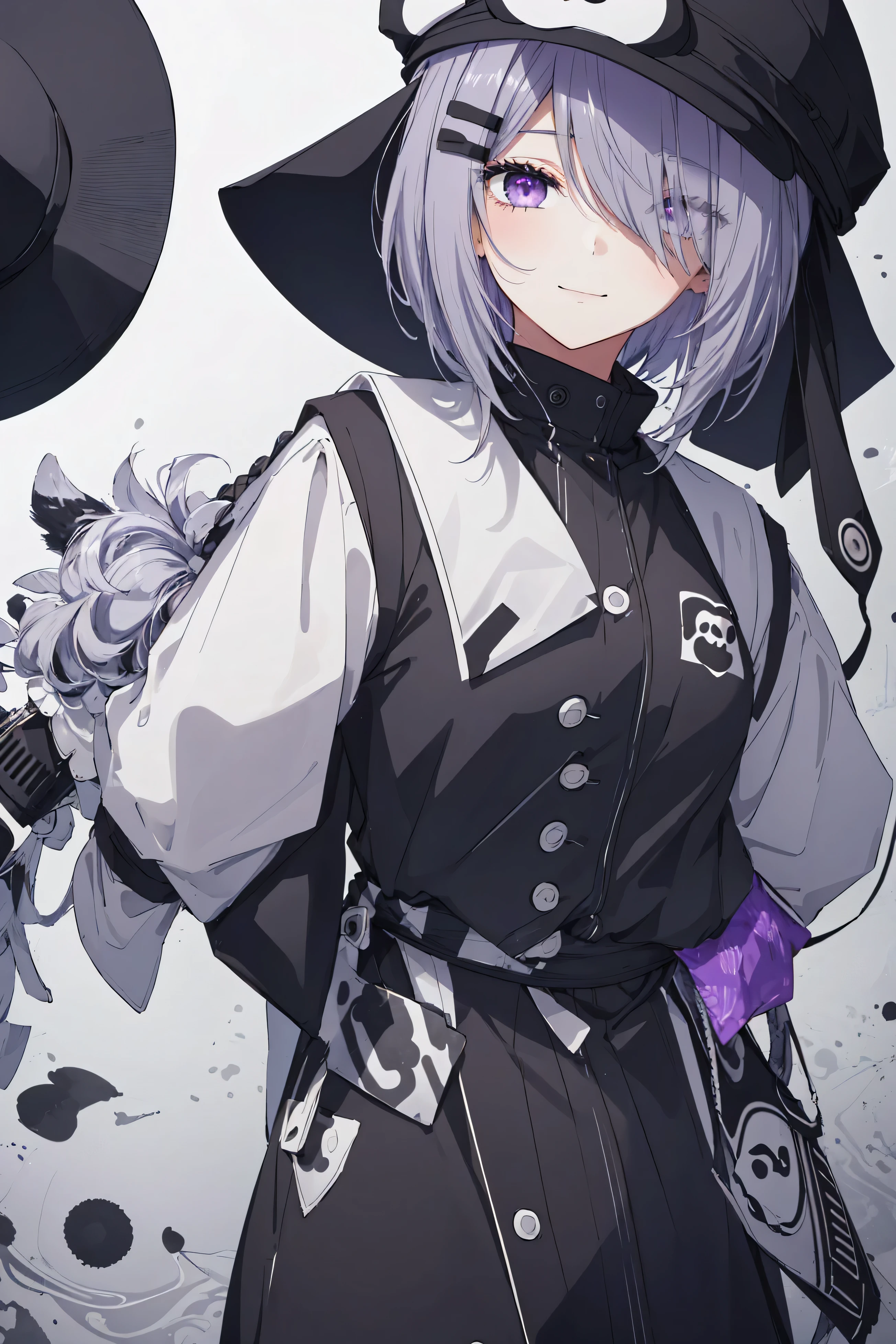  purple eye, shiny skin, shiny hair,  solo, 1girl, face focus,  pretty face, big eye, white shirt, black vest, curvy, short hair, Inga from Un-go, masterpiece, best quality, Cinematic, Fancy effects, Intricate details, shiny hair, detailed eye, hd eye, sad smile, beautiful eye, gothic, eye behind hair hidden, one eye, Hair Covering Eye left, layered clothes, hat panda black and white with animal ears, sexy, bang covering left eye hide, purple eye, medium breast, looking at viewer, dramatic lighting, grey hair, one eye is hiden, un-go (inga), inga (un-go), grey hair, animal plush panda hat, panda hat, 