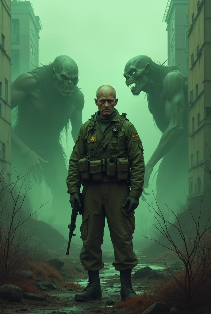 Chernobyl soldier with devastated background and radioactive monsters