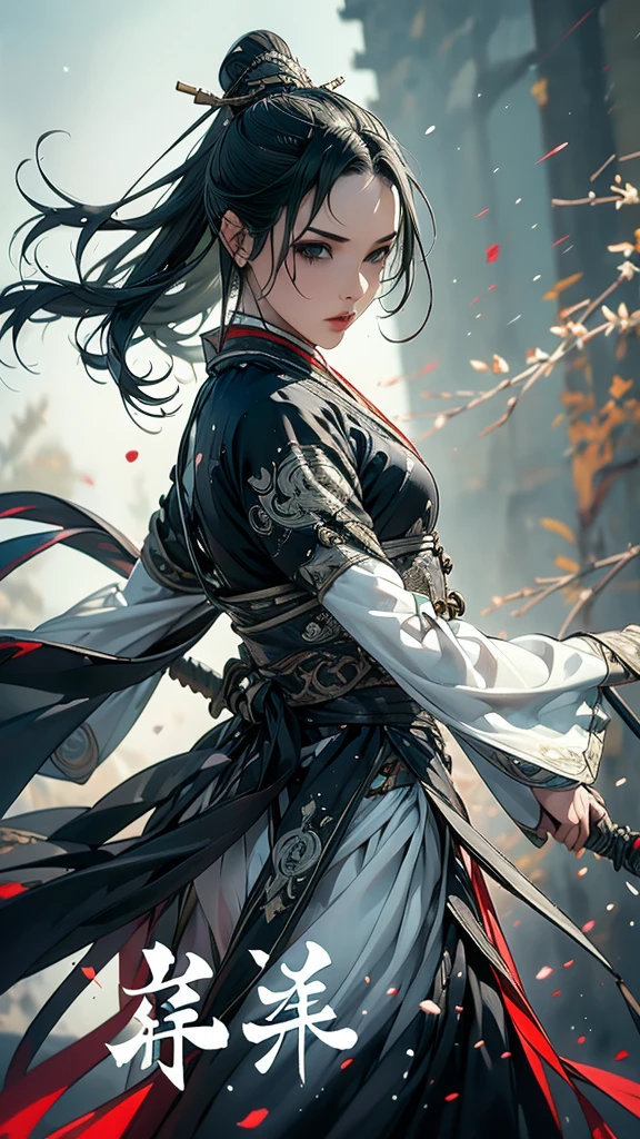 1 Girl, heroine, good looking, Splattered ink, Chinese Armor, xuer Ancient Chinese sword, full Body, dark green Hair, Floating Hair, BREAK, Delicate eyes, (Antique black and green damask patterned Hanfu), vision, (F1.8), (masterpiece), (Portrait Shot), Front shot, (Movie Posters), arms